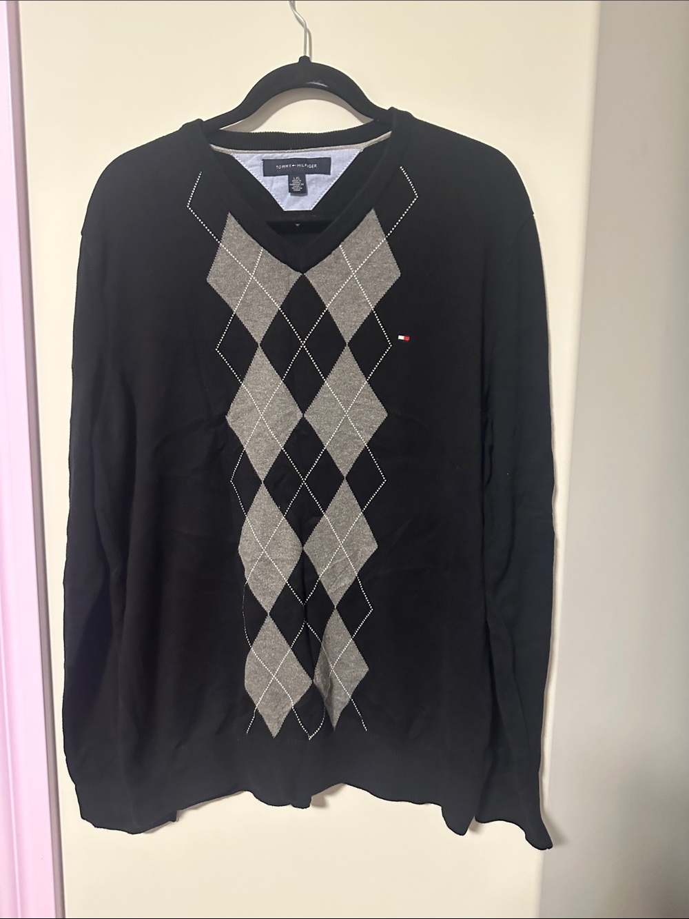 Tommy Hilfiger Black V-Neck Argyle Knit Sweater with Gray Pattern